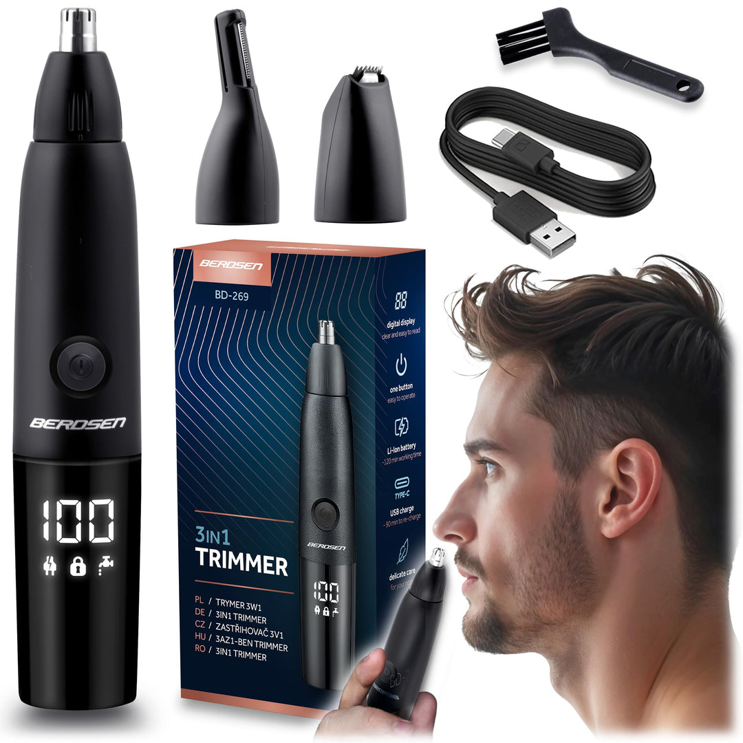 Berdsen Nasenhaartrimmer 3in1 Herren Elektrisch Ohrhaartrimmer Präzisionstrimmer 3 Wechselköpfe LCD