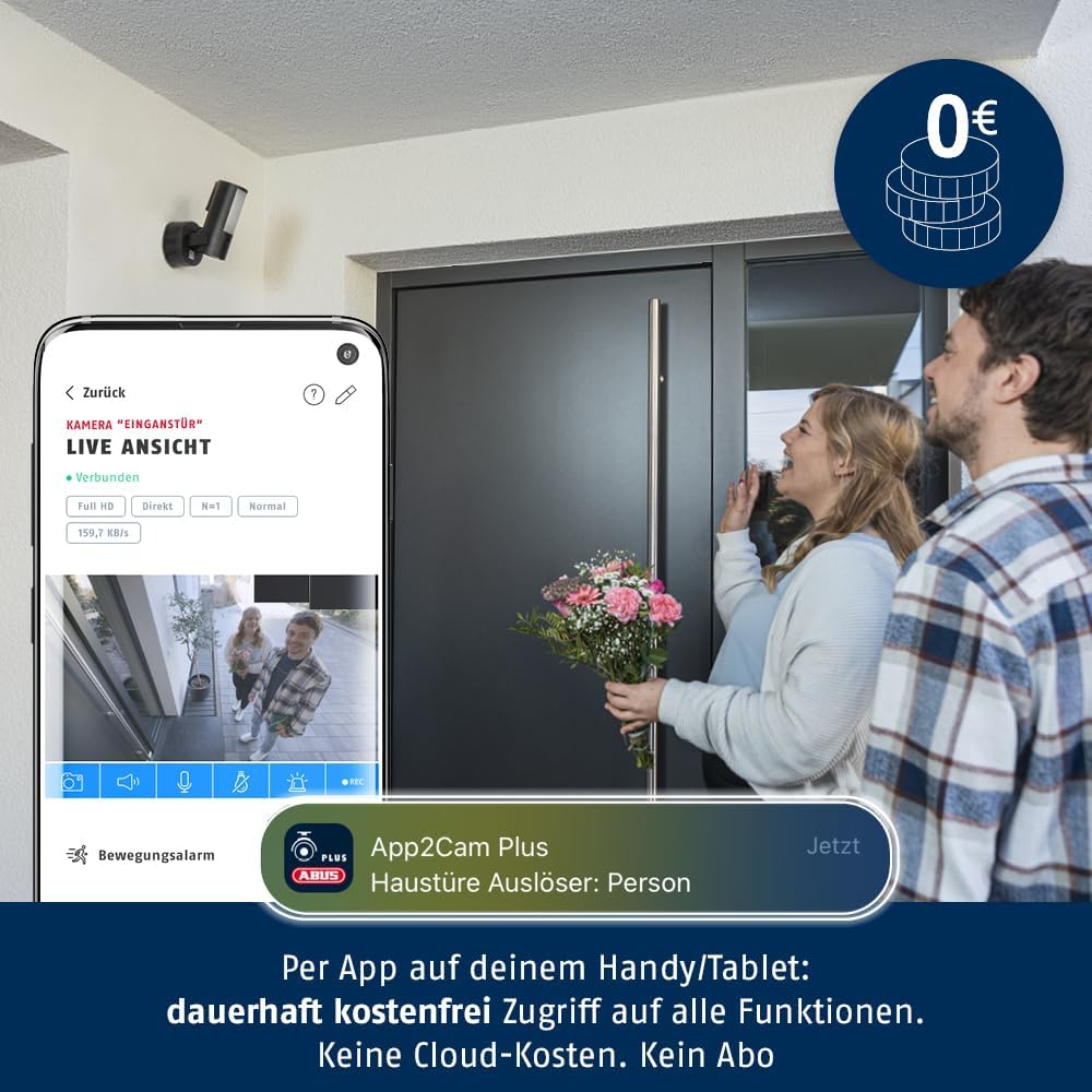 ABUS WLAN Licht Aussen-Kamera (PPIC46520) – Smarte Überwachungskamera mit Aussenleuchte, Personenerk