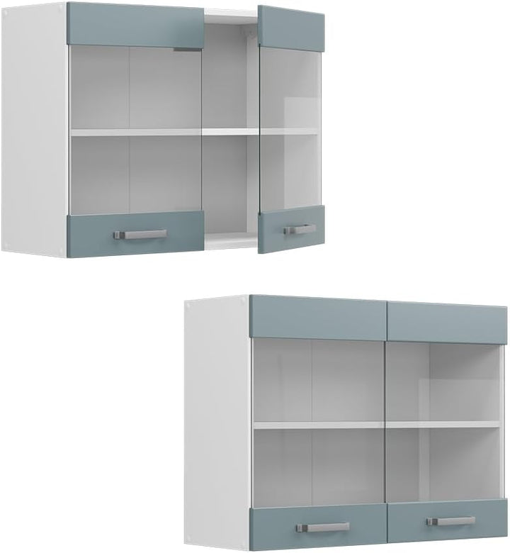 Vicco Küchenglasschrank R-Line, Glashängeschrank, Blau-Grau/Weiss, 80 cm, Blau-grau Hängeglassc