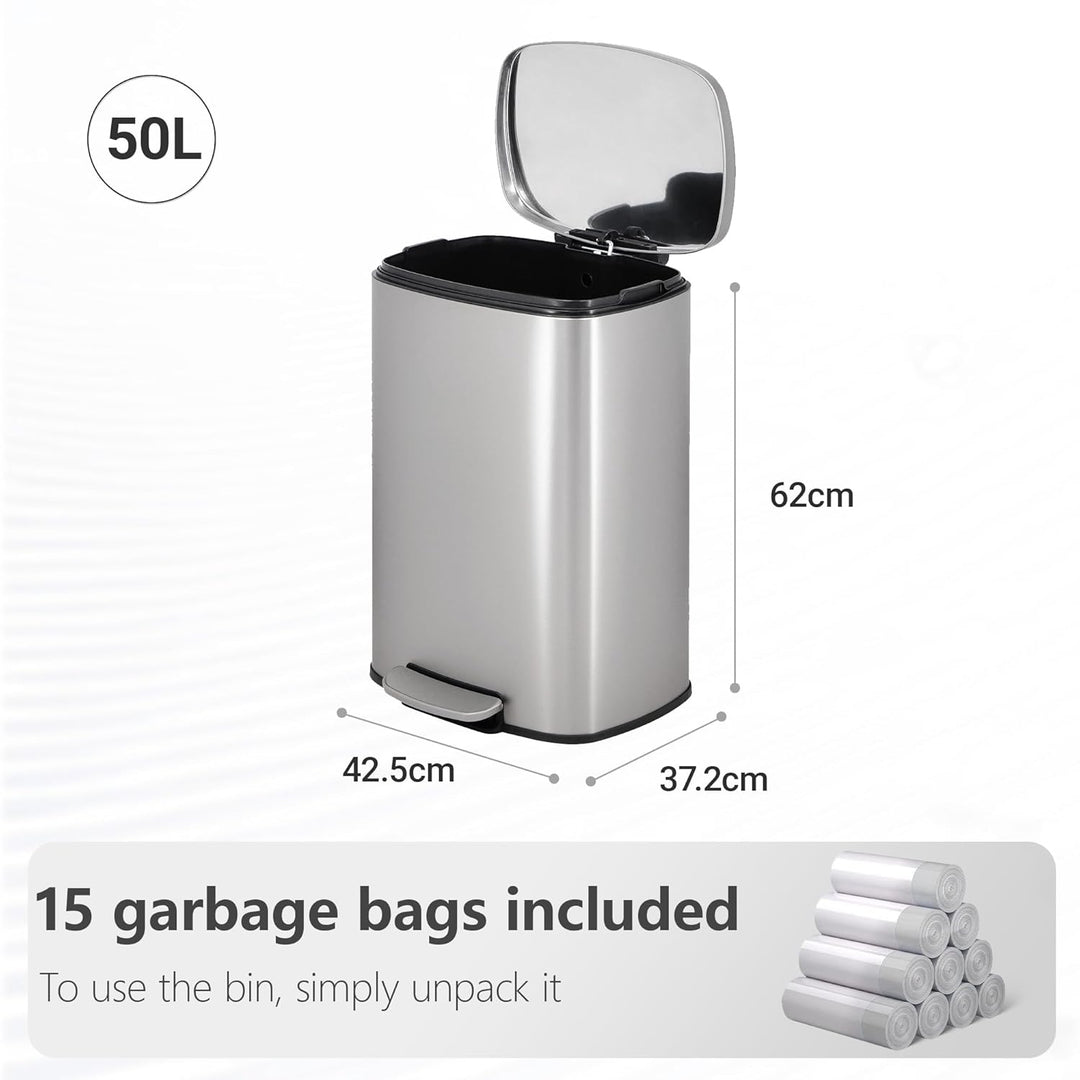 Mülleimer Küche, 50 Liter, fingerabdrucksicherer Edelstahl-Mülleimer mit Soft-Close-Deckel und Pedal