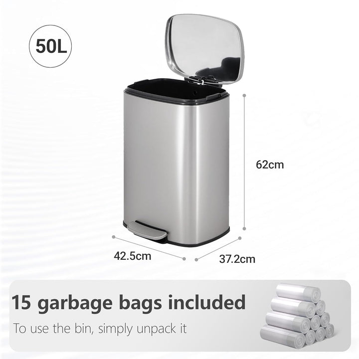 Mülleimer Küche, 50 Liter, fingerabdrucksicherer Edelstahl-Mülleimer mit Soft-Close-Deckel und Pedal