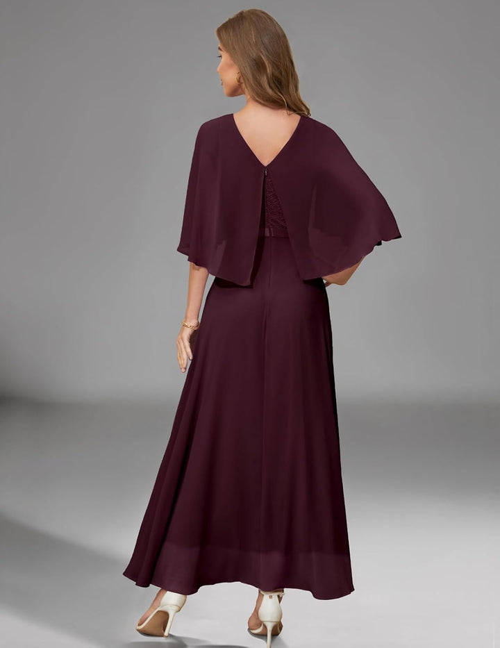 DRESSTELLS Abendkleid Damen Festlich Spitzenkleid für Hochzeit Chiffon Cape Ärmel Ballkleid Elegant