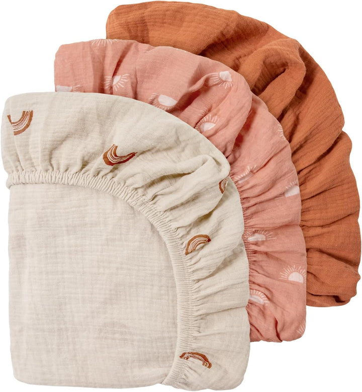 3er-Pack Bettlaken Spannbettlaken,Matratzenschoner für Laufgitter,100% Musselin-Baumwolle,Weiche und