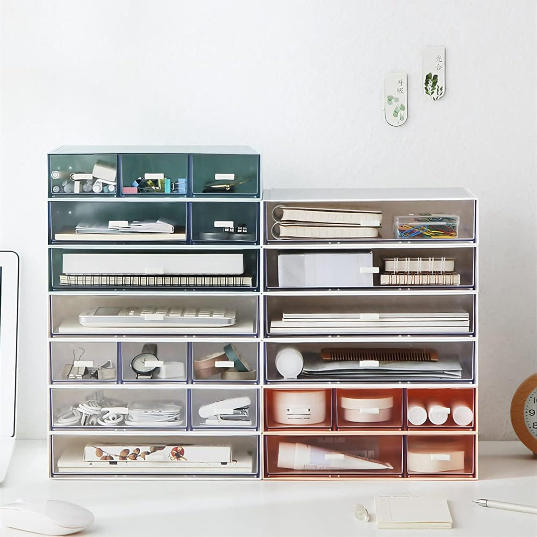 Schreibtisch Organizer Set, 3 Stapelbare Aufbewahrungsboxen mit 6 Schubladen, Multifunktionale Ordnu