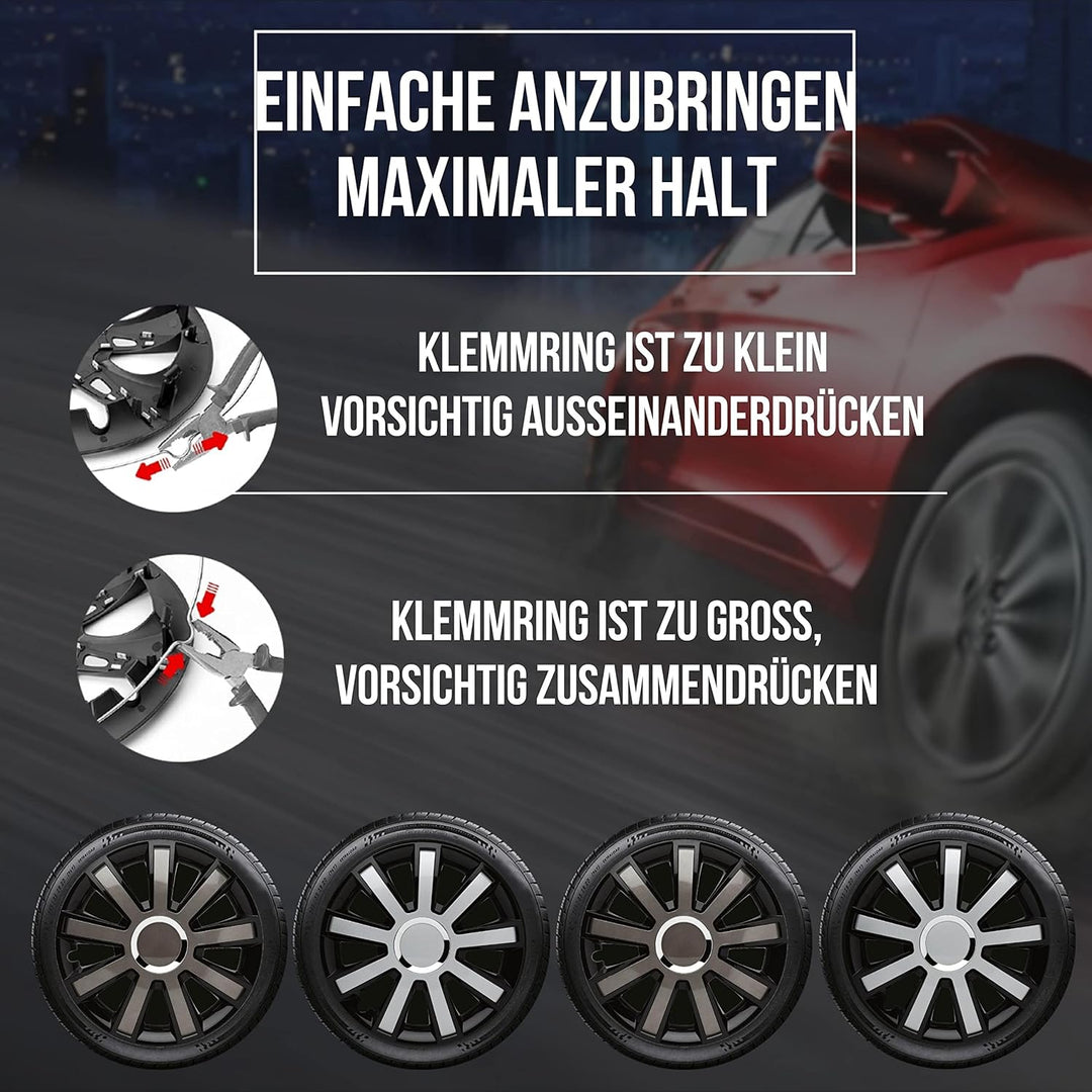 Albrecht 16 Zoll Radkappen schwarz/grau für Stahlfelgen - Flash Radzierblenden aus hochwertigem Kuns