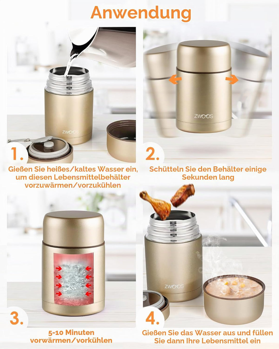 ZWOOS 800 ml Thermobehälter für Essen, 316 Edelstahl Wärmebehälter für speisen, Auslaufsicher Thermo