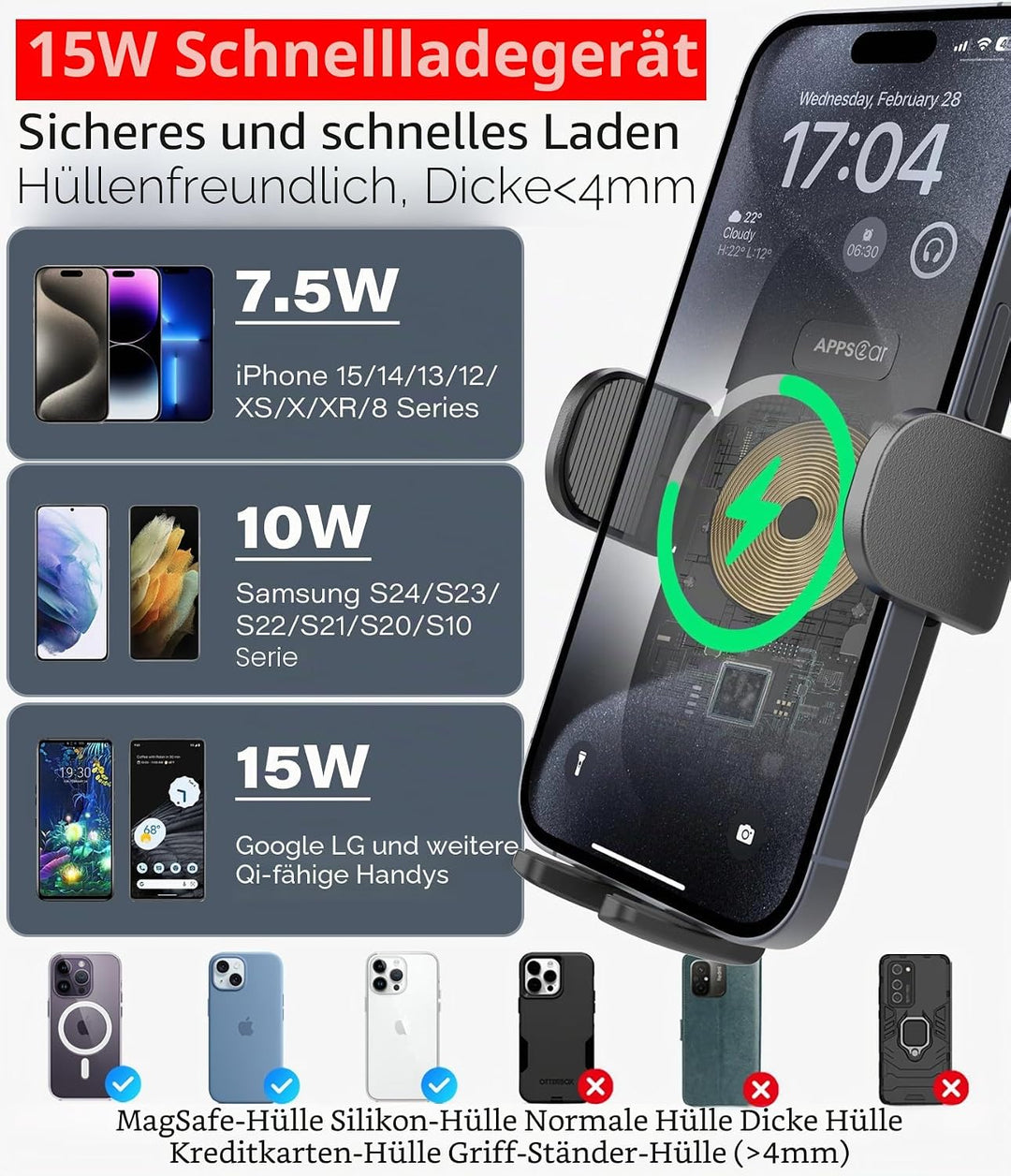 APPS2Car Handyhalterung Auto Getränkehalter mit Ladefunktion, Ladegerät Auto Kfz-Handyhalterung mit