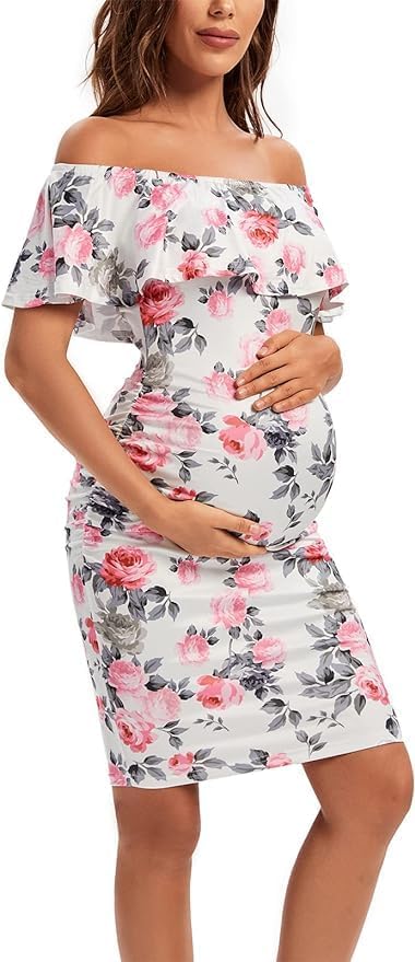 Shen&Qege Umstandskleid Lässig mit Schulterfreiheit, Rüschen, ärmellos, Bodycon, Umstandsmode Sommer