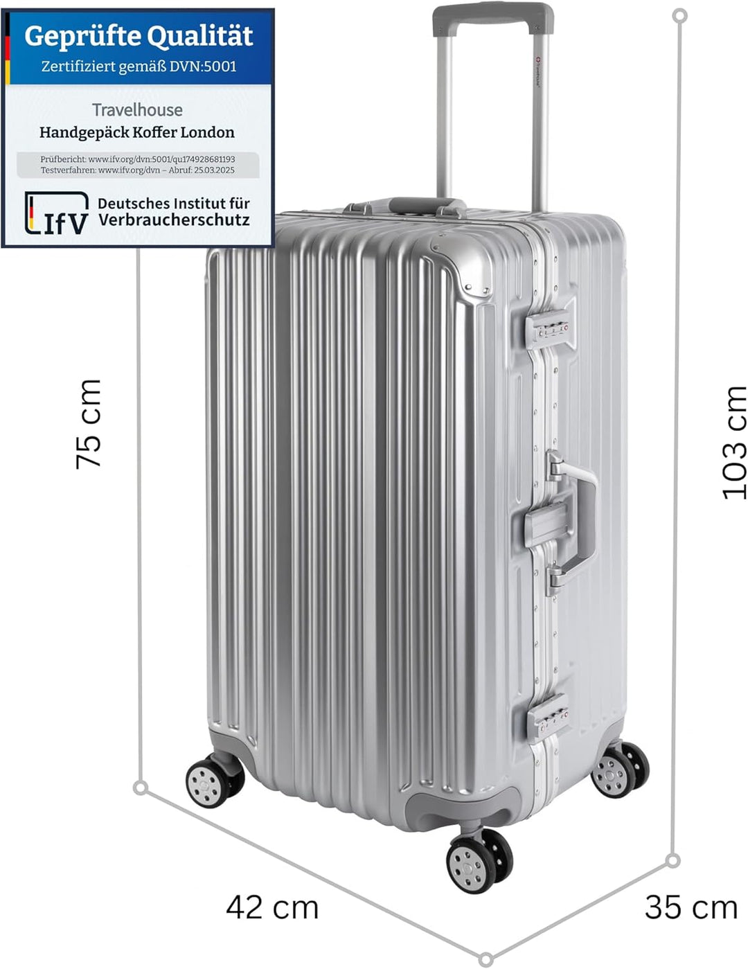 Travelhouse London Koffer Sport Silber - XL Alu Rahmen Polykarbonat Hartschale · Trolley Reisekoffer