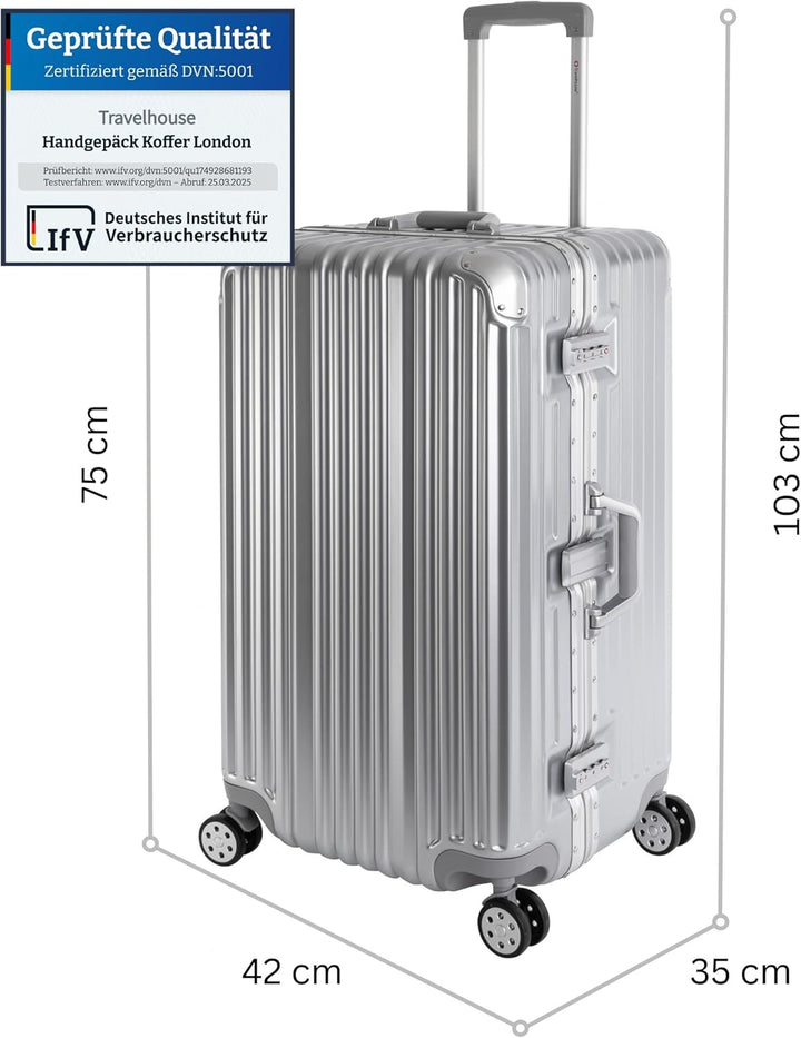 Travelhouse London Koffer Sport Silber - XL Alu Rahmen Polykarbonat Hartschale · Trolley Reisekoffer