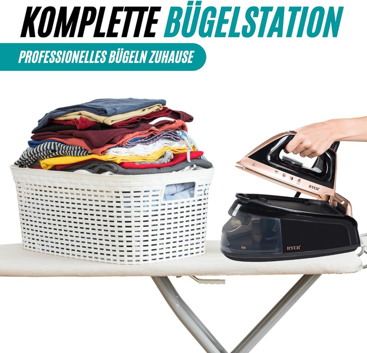 RYER Dampfbügeleisen mit Dampfstation – Keramiksohle, 375 g/min Steam-Jet, 1,2 L Wassertank, Anti-Tr