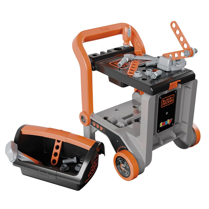 Smoby – Black+Decker Werkbank 3-in-1 - Werkstattwagen, Trolley &amp; Spielwerkbank – 19 Zubehörteile ink