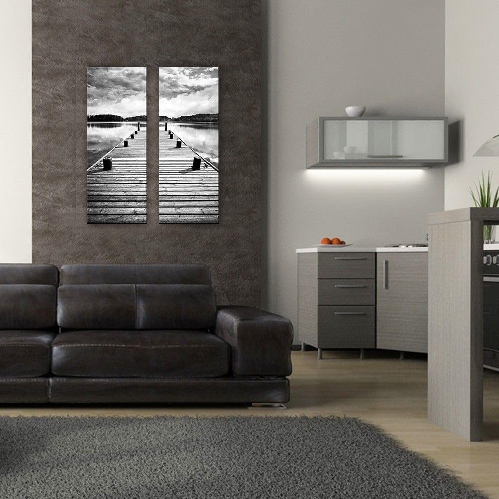 Glasbild 30x80 cm Bild Meer Steg Schwarz Weiss AG9407A – Meerbild aus Glas, maritimes Wandbild hochk