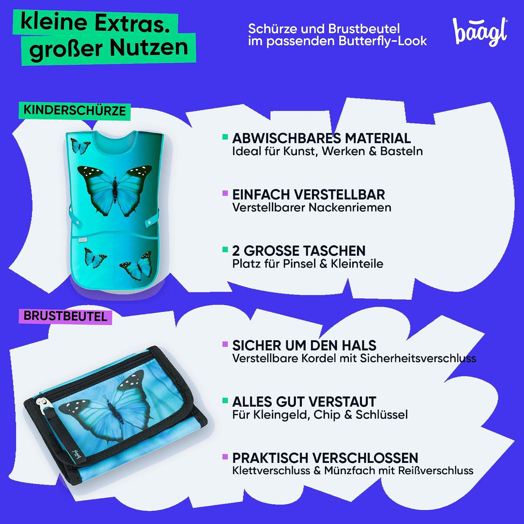 Baagl Airy Plus Schulranzen-Set 5-teilig, 25 l, ab 130 cm (Butterfly) | Isoliertes Snackfach; Magnet