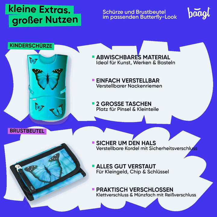 Baagl Airy Plus Schulranzen-Set 5-teilig, 25 l, ab 130 cm (Butterfly) | Isoliertes Snackfach; Magnet