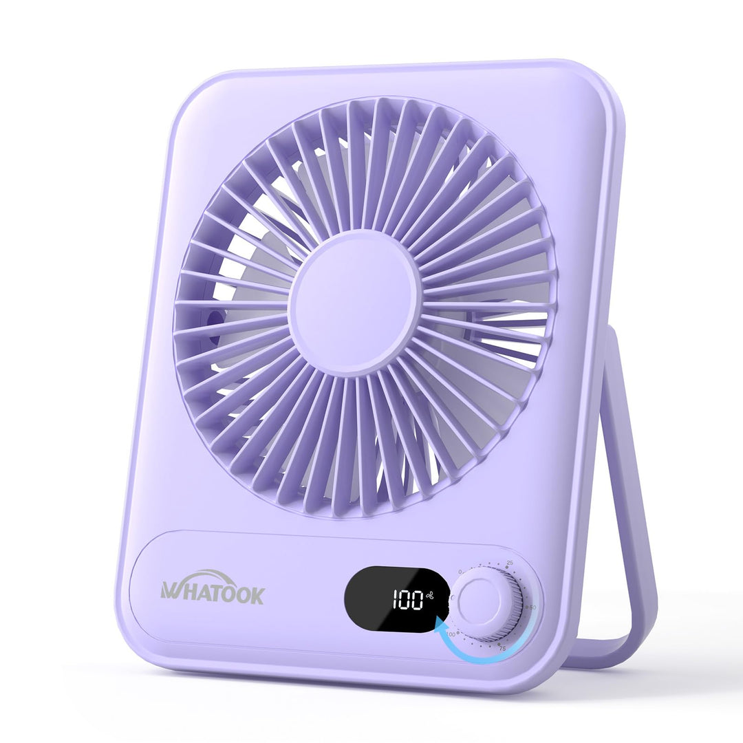 WHATOOK Leiser USB-Tischventilator: Stufenlos 1-100 Regler, 2000mAh Akku Tragbarer Lüfter mit LED-An