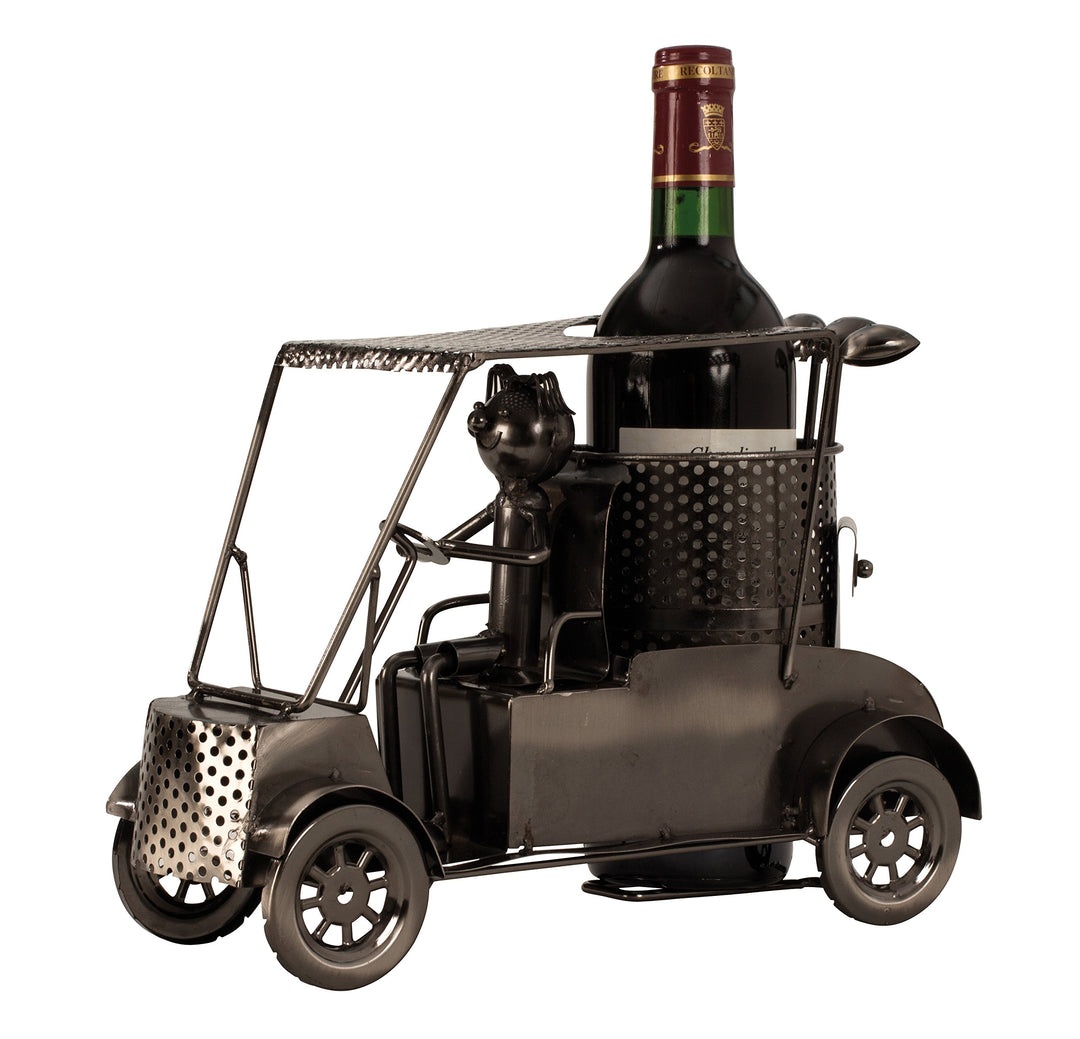 Unbekannt Moderner Wein Flaschenhalter Flaschenständer Golfer in Car aus Metall in Silber Höhe 21 cm