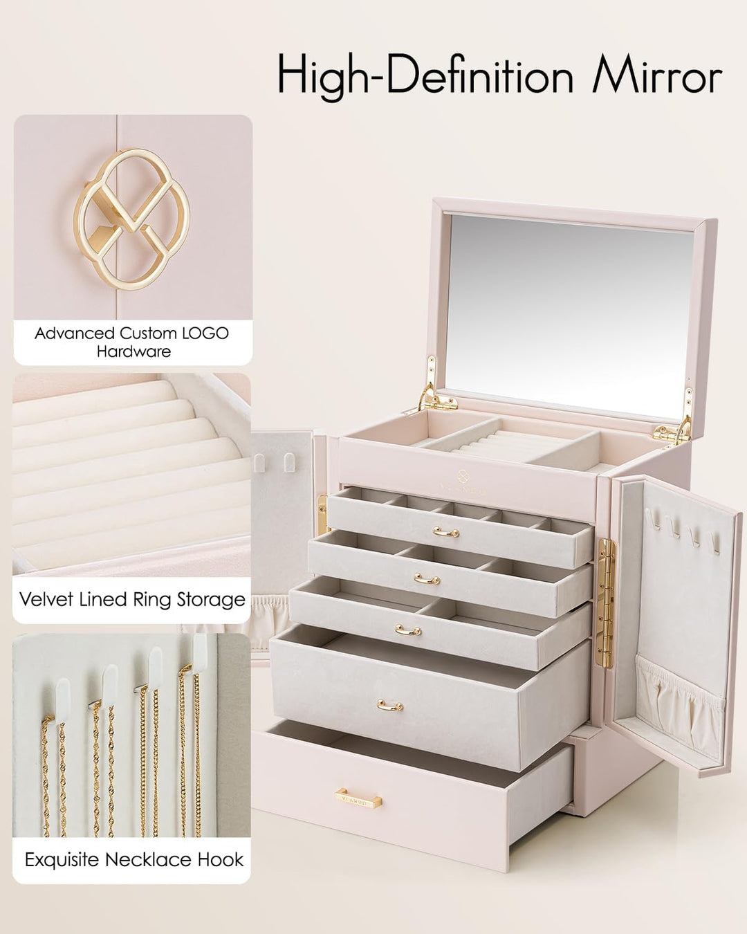 Vlando Schmuckaufbewahrung Gross, Schmuckschatulle Schmuck Organizers Gross XXL, Schmuckkästchen mit