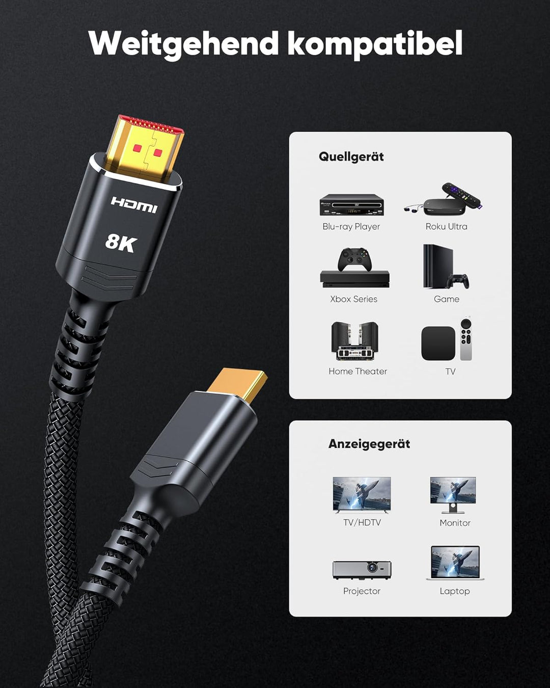 Highwings HDMI 2.1 Kabel 8m 8K,48Gbps Highspeed 8K@60Hz HDMI Kabel 4K@120Hz 7680P eARC HDCP 2.2&2.3