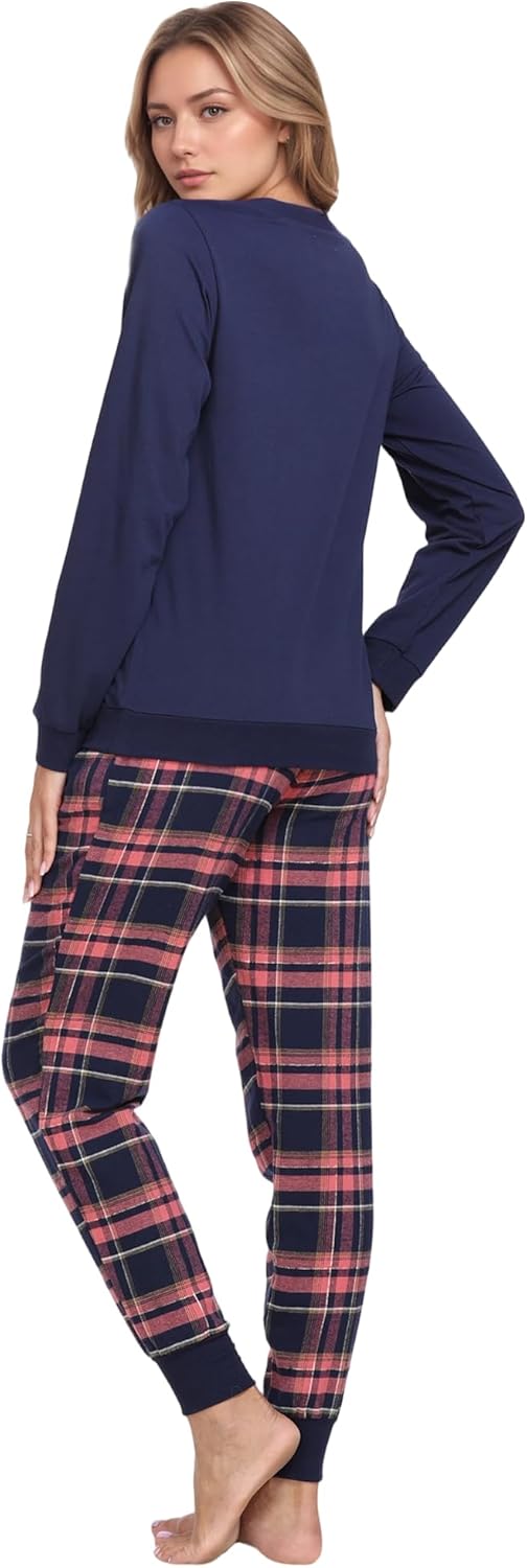 Mnemo Schlafanzug Damen 100% Baumwolle Bequemer Pyjama Damen Baumwolle mit Karomuster S Blaues Pulve