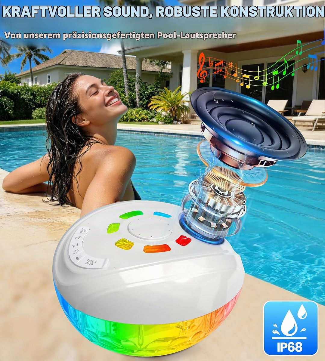 Luxfero 3 in 1 Pool Lautsprecher mit Springbrunnen &amp; Pool Licht,Schwimmender Bluetooth Lautsprecher