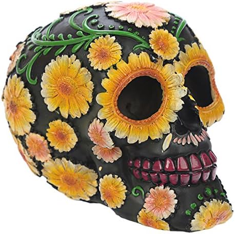 Puckator Day of The Dead Totenkopf mit Blumenmuster, Polyresin, Gelb/Grün/Pink/Schwarz, 15 x 10,5 x