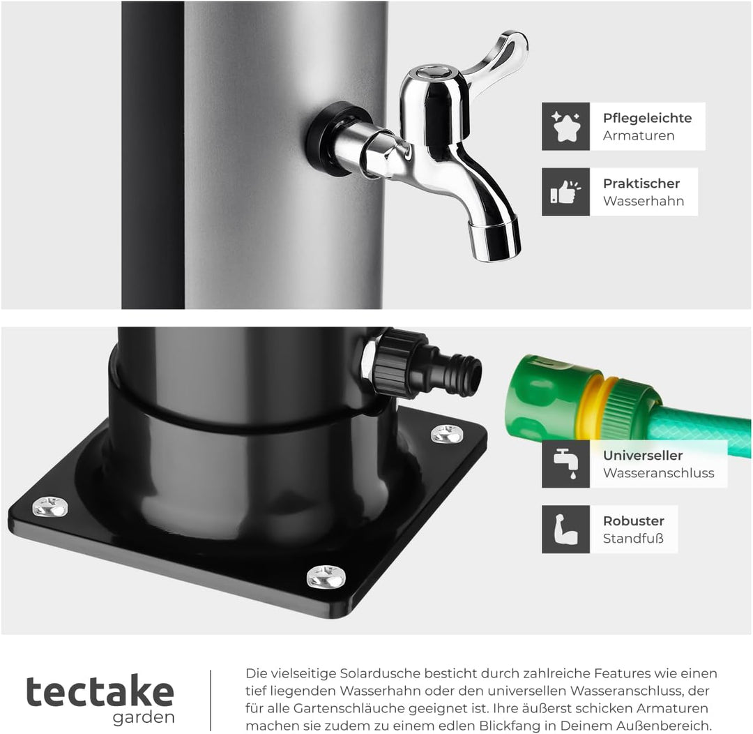 tectake® Gartendusche mit Duschkopf gross und Wasserhahn für Füsse, Solardusche 20l, solar Shower Au