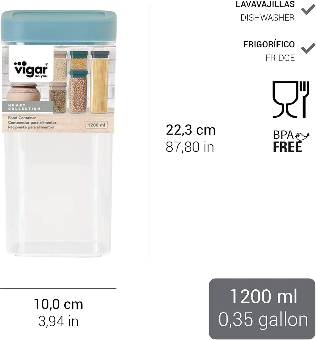 Vigar - Homey | 1200 mL Luftdichte Aufbewahrungsbox mit Deckel Küche - BPA-freier Kunststoff, 1200 m
