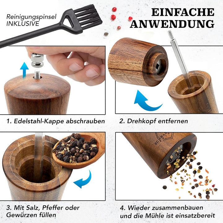 Salz und Pfeffermühle Holz Gross (21 cm) - 2er Set mit Pfeffer und Salzmühle - Gewürzmühle mit Keram
