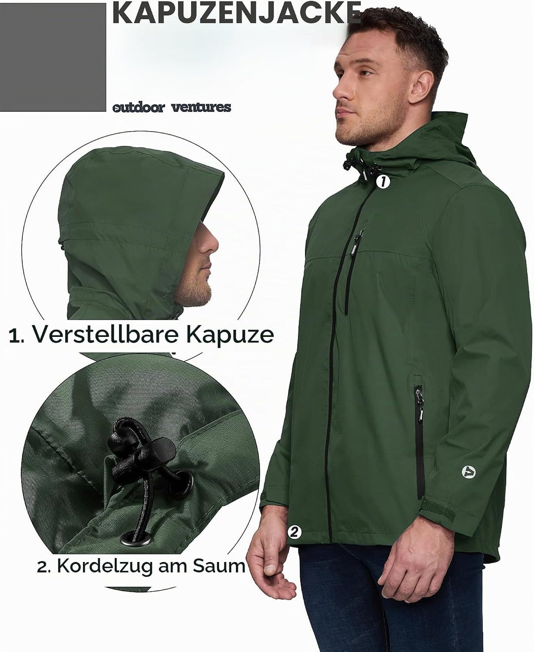 Outdoor Ventures Regenjacke Herren Wasserdicht Atmungsaktiv, Packbar Fahrrad Jacke Leichte Windbreak