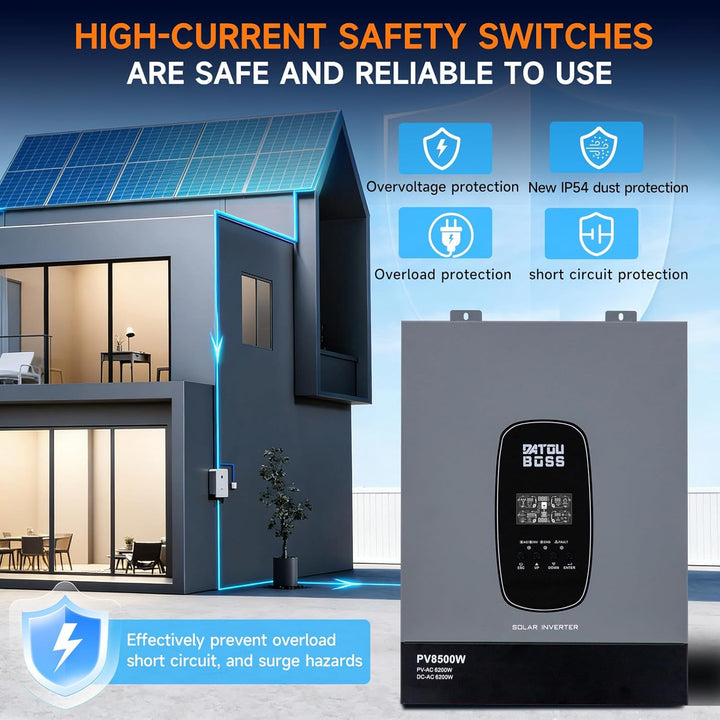 DATOUBOSS 6200W 48V Hybrid Wechselrichter Reiner Sinus, MPPT 120A, 8500W PV Eingang, 48V Lithium kom