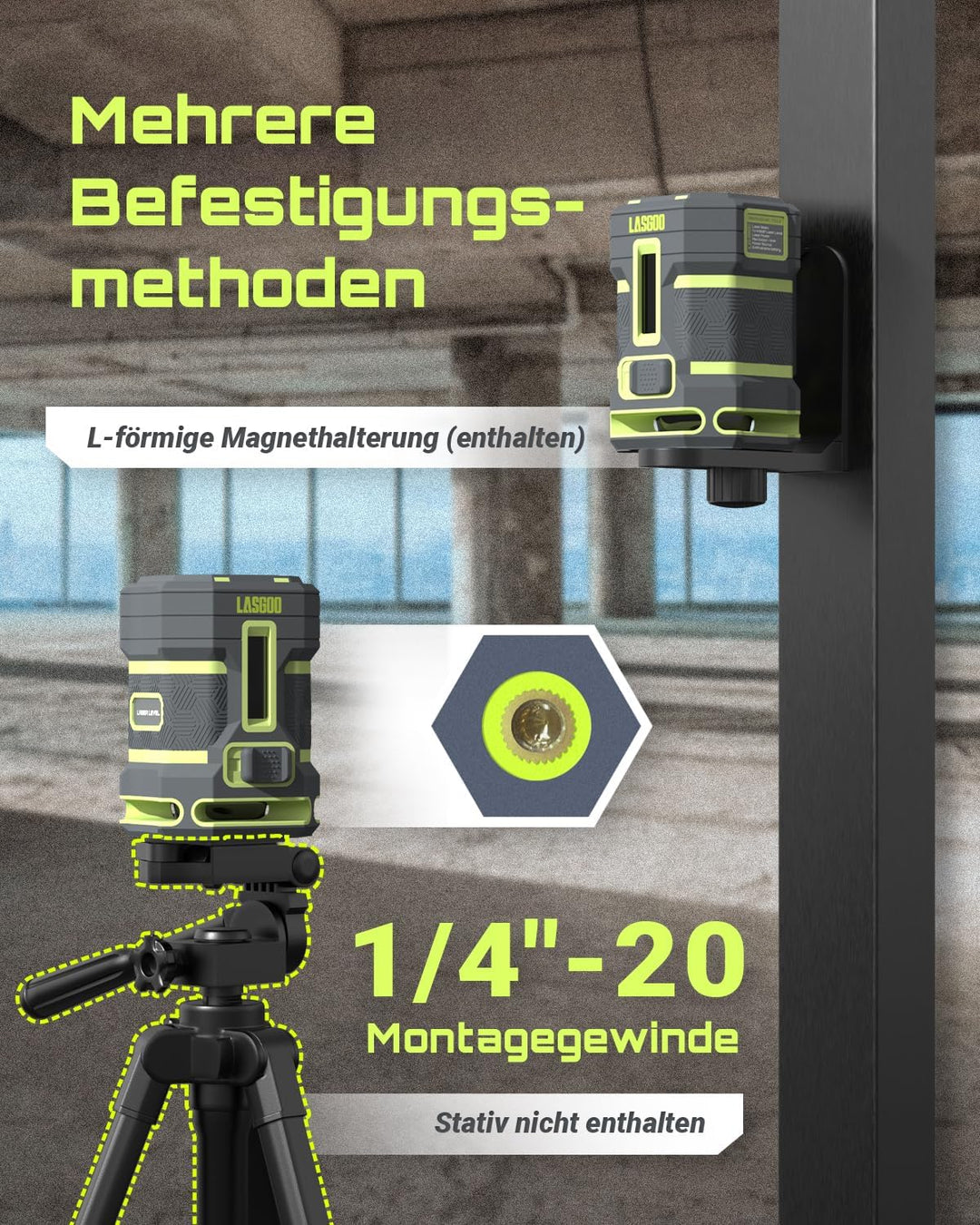 LASGOO Grüner Laser Nivellierlaser, 360° Horizontal-Laser mit Vertikal-Laserlinie, 4 Helligkeitsstuf