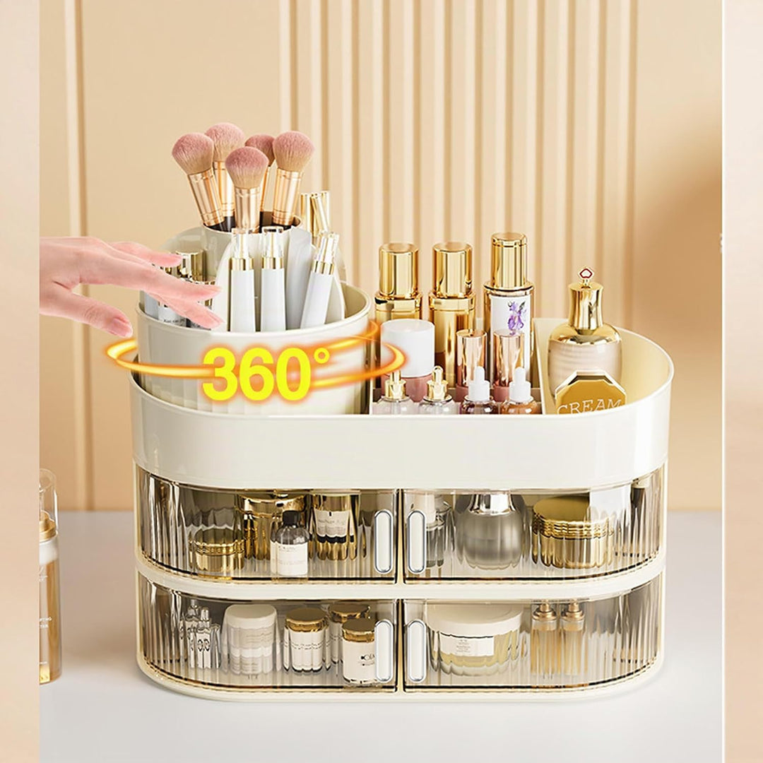 Make Up Kosmetik Organizer 360° Drehbar Mit Zwei Kleinen Schubladen für Schminktisch Schlafzimmer Ba