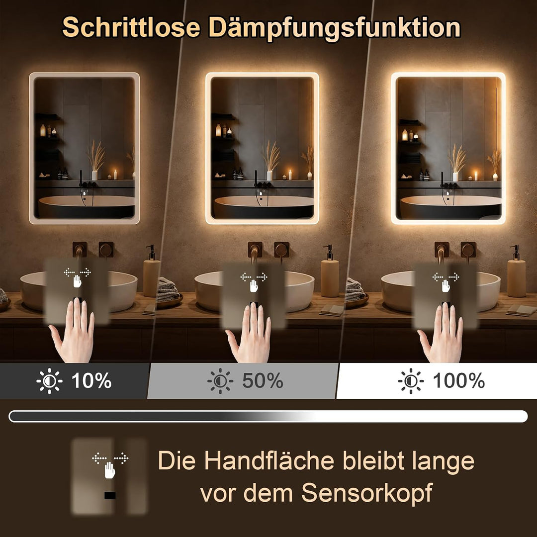 Badspiegel mit Beleuchtung, 60 x 45 cm | Handsensor, 3 Farben, Dimmbar 60L x 45B cm, 60L x 45B cm