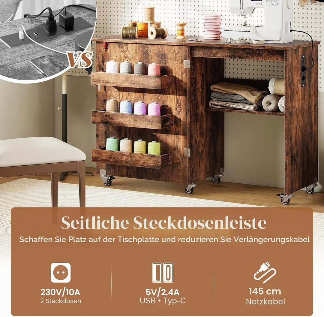 FANTASK 2 in 1 Zusammenklappbarer Nähtisch, Nähmaschinenschrank mit Ladestation, Regalen und abschli