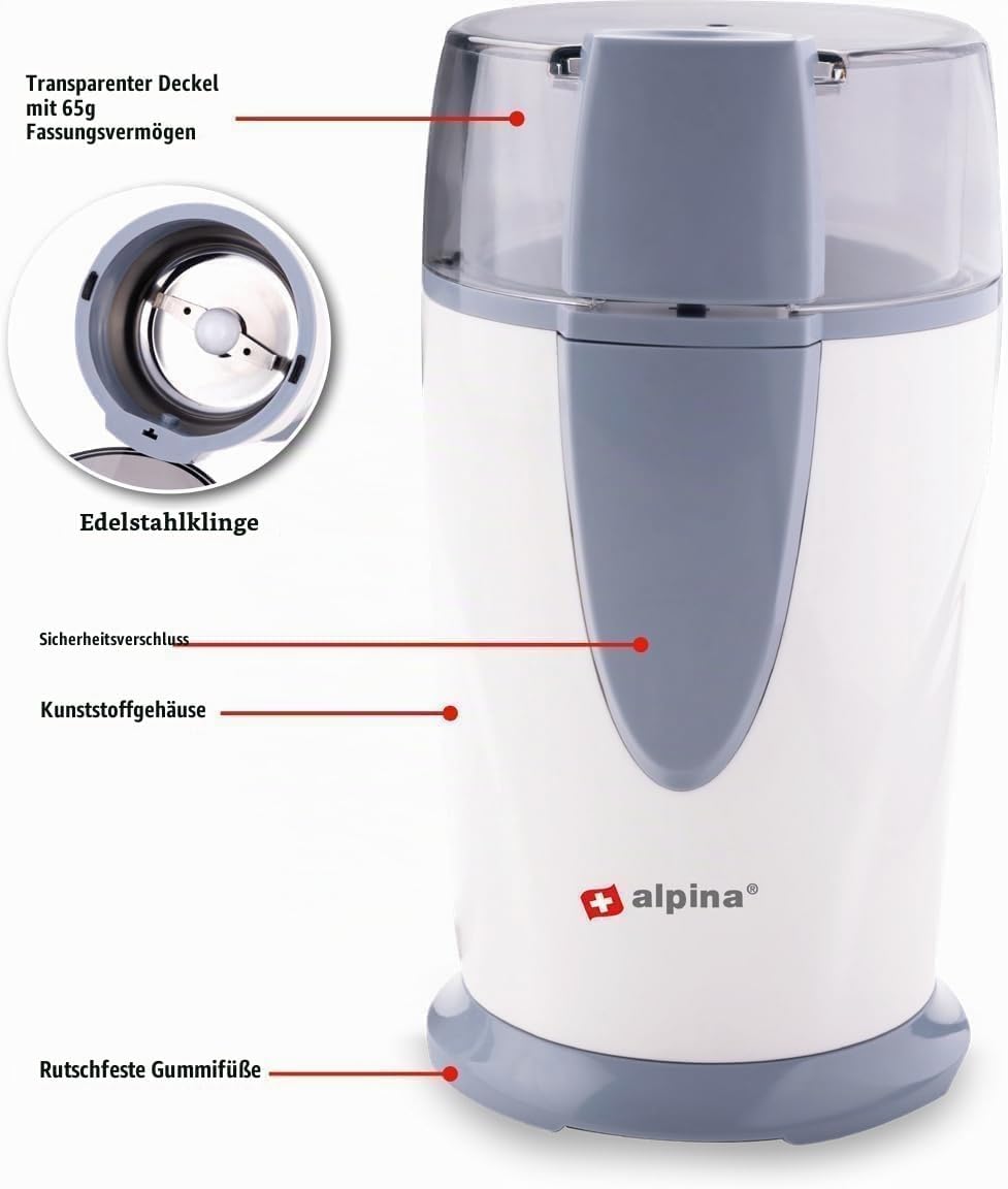 alpina Kaffeemühle Elektrisch - 150 Watt - Auch Nussmühle, Getreidemühle und Mühle für Samen - 65 Gr