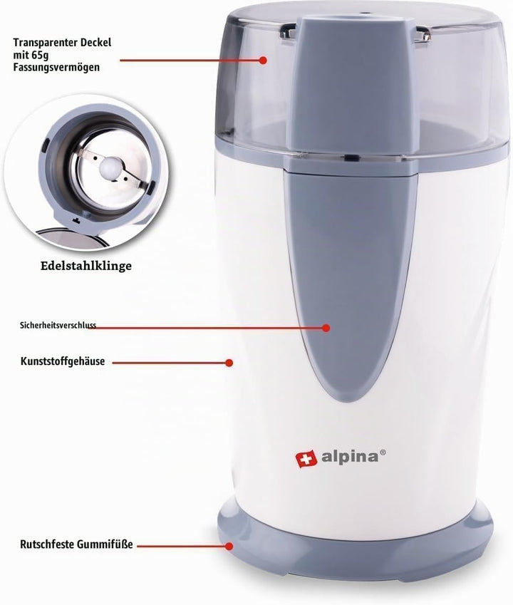 alpina Kaffeemühle Elektrisch - 150 Watt - Auch Nussmühle, Getreidemühle und Mühle für Samen - 65 Gr
