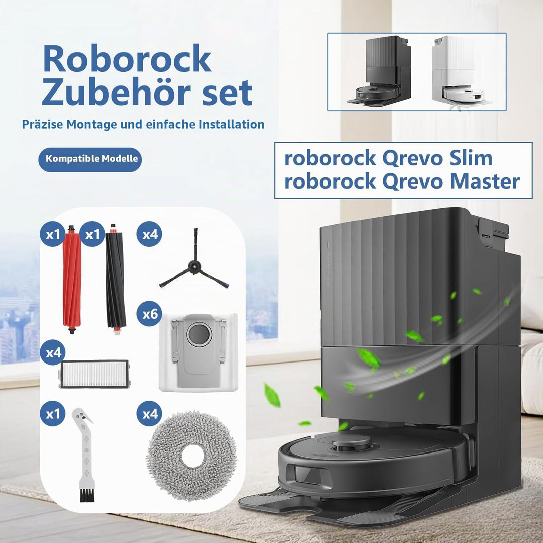 21 Stück Zubehör für Roborock Qrevo Master/Qrevo Slim – 6 Staubbeutel, 2 Gummi Hauptbürsten, 4 HEPA