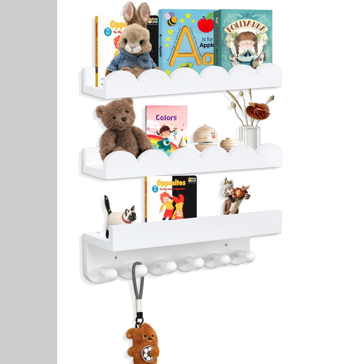 Rainmae Wandregal Kinderzimmermit Holzhaken,Bücherregal Kinder, 40cm 3er-Set, Regal Kinderzimmer ide