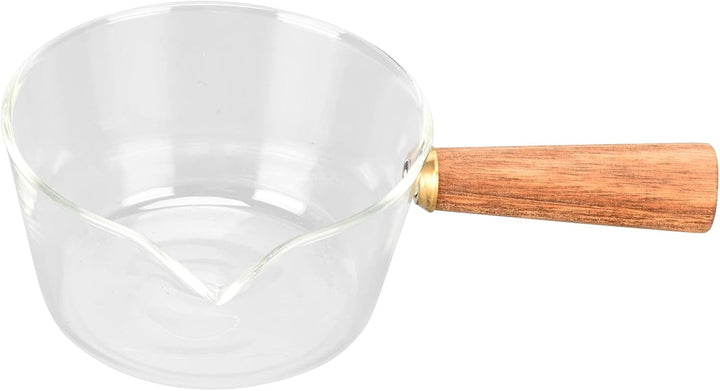Milchtopf aus Glas mit V-Ausguss und Holzgriff, 400ml, Hitzebeständig, für Milch, Sossen, Nudeln, 40