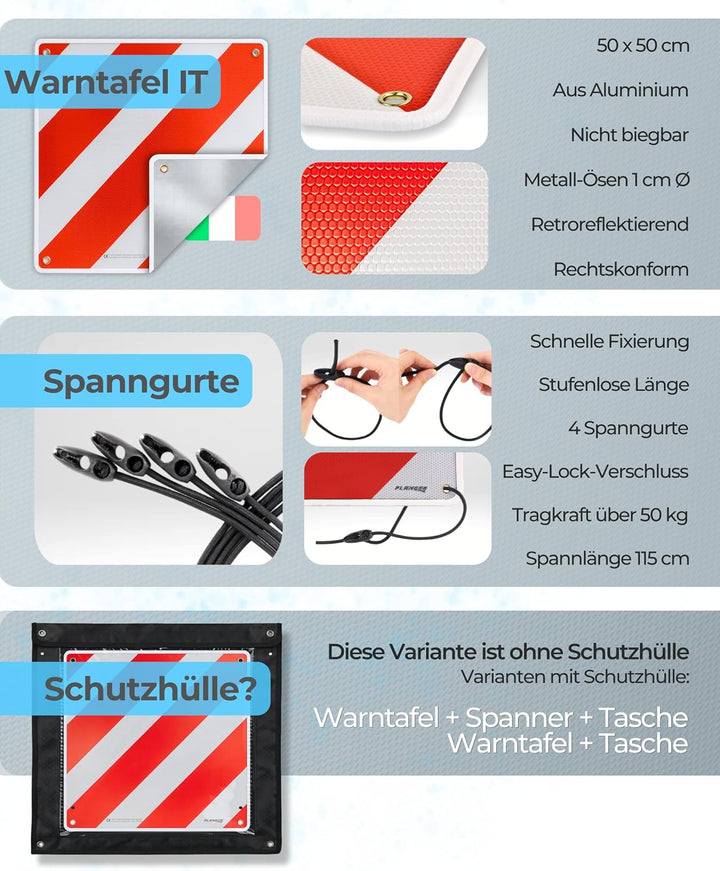 PLANGER® - Warntafel Italien (50 x 50 cm) + Spanner - Reflektierendes Warnschild rot weiss für Heckt
