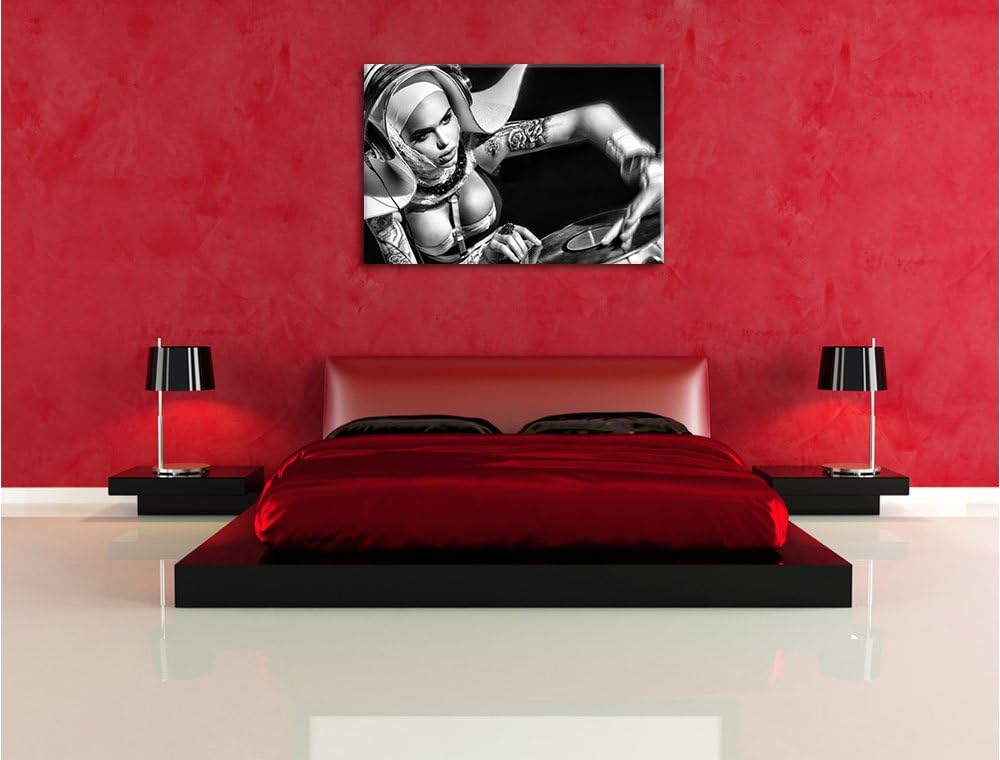 Pixxprint Tätowierte DJ Frau als Leinwandbild/Grösse: 100x70 cm/Wandbild/Kunstdruck/fertig bespannt,
