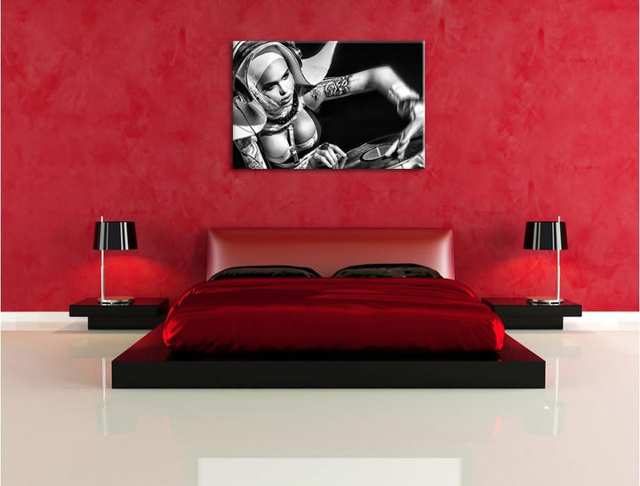 Pixxprint Tätowierte DJ Frau als Leinwandbild/Grösse: 100x70 cm/Wandbild/Kunstdruck/fertig bespannt,