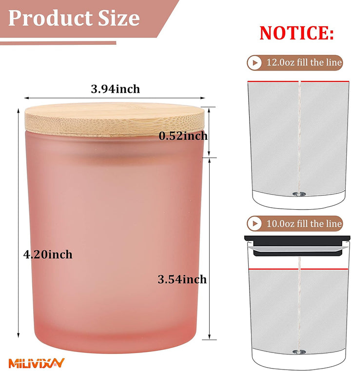 MILIVIXAY 12 Stück 340 ml mattrosa Glaskerzengläser mit Deckel und Kerzenherstellungs-Kits – leere K