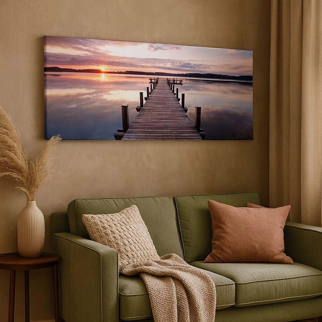 Wandbilder Dekoration Wohnzimmer Fussgängerbrücke See Sonnenuntergang Abend Bilder auf Leinwand 120x