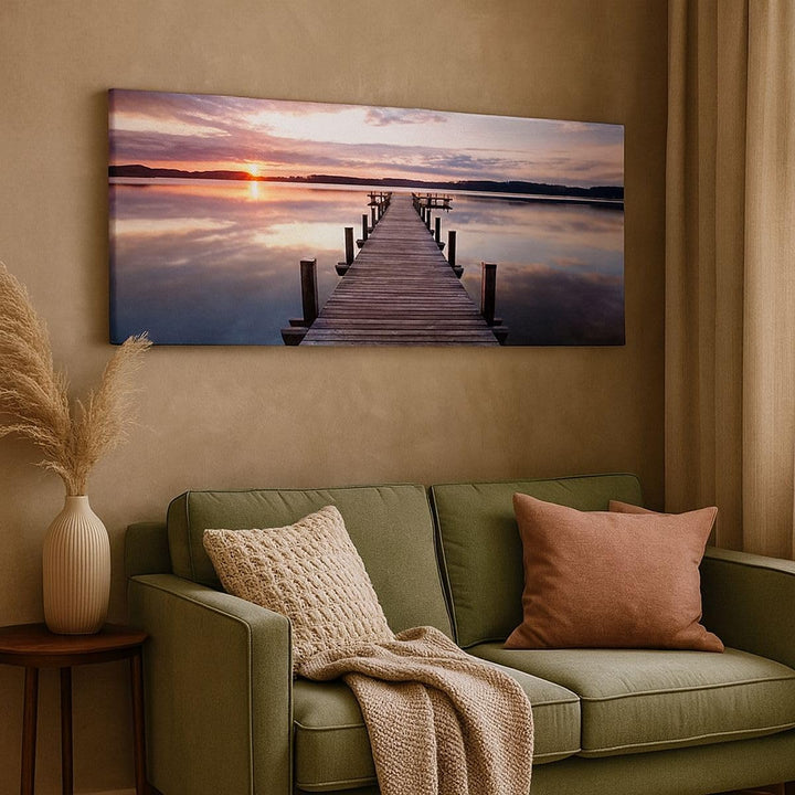 Wandbilder Dekoration Wohnzimmer Fussgängerbrücke See Sonnenuntergang Abend Bilder auf Leinwand 120x