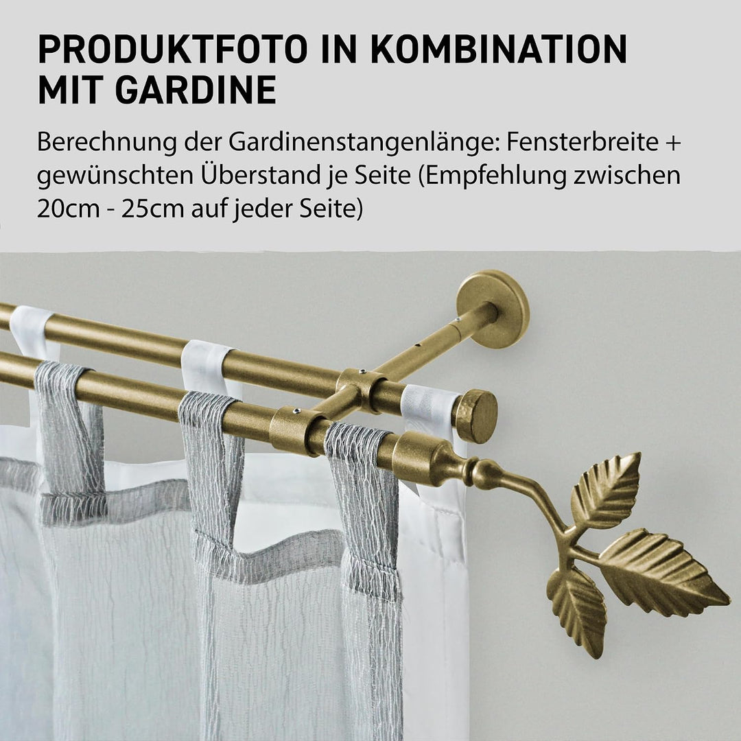 Garesa Gardinenstange Sheet Ø 16mm, 2-läufig, Gold, matt I Stabile Vorhangstange ohne Ringe I Mit En