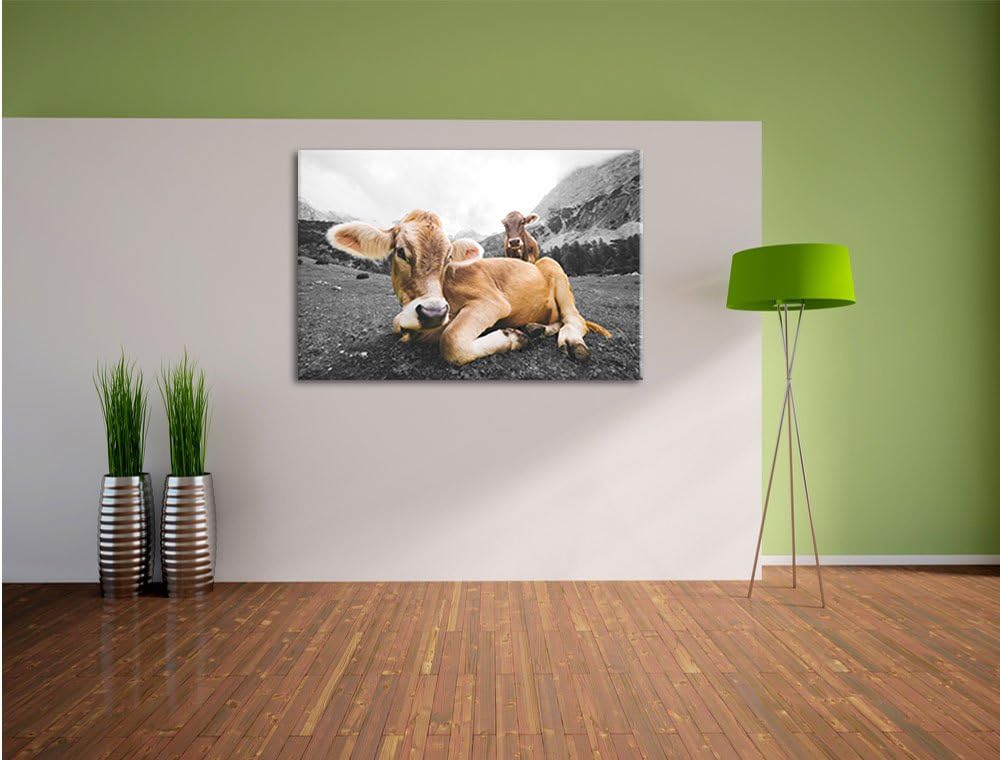 Pixxprint Almkuh in den Bergen als Leinwandbild/Grösse: 100x70 / Wandbild/Kunstdruck/fertig bespannt