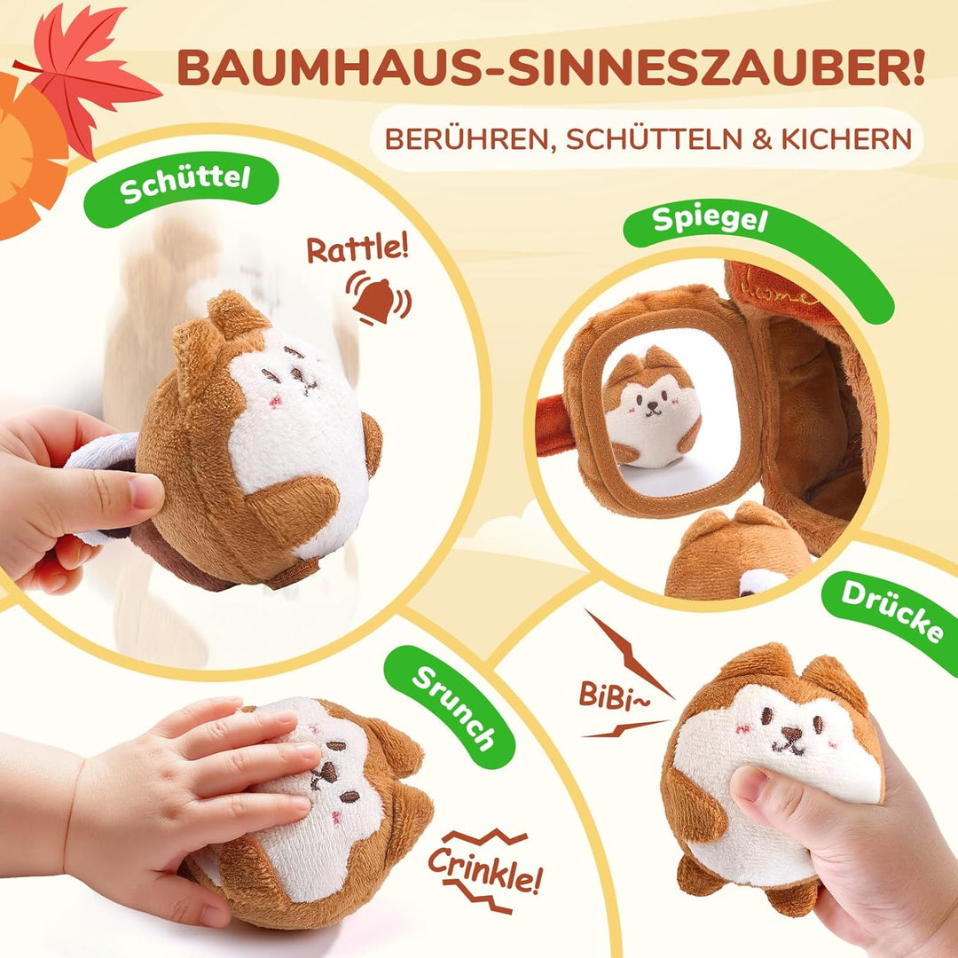 JoyCat Baby Spielzeug 6-12 Monate, Montessori BabySpielzeug Baumhaus | 5 Plüsch Eichhörnchen, Rassel