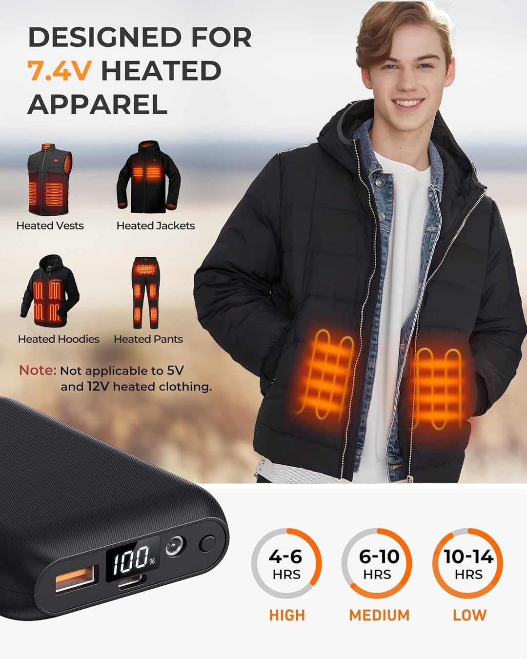 Sevdiea Powerbank für Heizweste 7,4V 16000mAh, Sevdiea Powerbank Heizweste mit LCD-Anzeige, tragbare